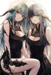 Rule 34 | 2girls, au ra, warrior of light (ff14), black dress, blue eyes, breasts, cleavage, commentary request, dragon girl, dragon horns, dress, expressionless, final fantasy, final fantasy xiv, grey hair, heterochromia, highres, horn ornament, horns, light blush, long hair, looking at viewer, maho moco, medium breasts, multicolored eyes, multiple girls, parted lips, red eyes, scales, simple background, white background, yellow eyes