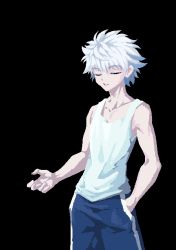 Rule 34 | 1boy, animated, animated gif, bare shoulders, black background, blue eyes, blue pants, chinese commentary, collarbone, commentary request, constricted pupils, cowboy shot, electricity, electrokinesis, closed eyes, glowing, goldendogaki, hand in pocket, highres, hunter x hunter, killua zoldyck, looking at viewer, male focus, pants, parted lips, pixel art, short hair, simple background, solo, spiked hair, standing, tank top, transformation, white hair, white tank top