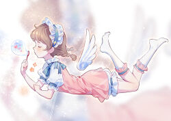 Rule 34 | 1girl, absurdres, arm support, artist name, bare arms, bloomers, blurry, blurry background, braid, brown hair, blowing bubbles, bubble wand, chinese commentary, closed eyes, closed mouth, commentary, detached wings, dress, from side, full body, hairband, hand up, heart, hidari (nanmu-left), highres, legs up, light blush, light particles, lolita hairband, low twintails, lying, medium hair, on stomach, original, pink dress, portrait, puffy short sleeves, puffy sleeves, sample watermark, short sleeves, socks, solo, star (symbol), twin braids, twintails, underwear, watermark, white bloomers, white socks, wings, zoom layer