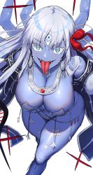Rule 34 | 1girl, absurdres, armor, bare shoulders, belly chain, bikini armor, blue eyes, blue skin, bracelet, breasts, cleavage, collarbone, colored skin, earrings, extra arms, fangs, fate/grand order, fate (series), hair ribbon, highres, jewelry, kali (fate), large breasts, long hair, long tongue, looking at viewer, neck ring, necklace, open mouth, revealing clothes, ribbon, sash, shiroshisu, smile, snake, solo, thighs, third eye, tongue, tongue out, very long hair, weapon, white hair