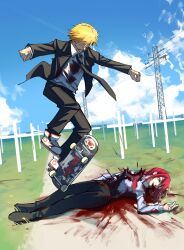 Rule 34 | 1boy, 1girl, absurdres, black jacket, black necktie, black pants, blood, blood from mouth, blood on clothes, blood on face, blue sky, chainsaw man, cloud, cloudy sky, commentary, contrail, corpse, death, denji (chainsaw man), english commentary, graveyard, heartbreak juan, highres, jacket, kickflip, makima (chainsaw man), midair, necktie, orange eyes, pants, power lines, red hair, shirt, shoes, simple bird, skateboard, skateboarding, sky, sneakers, transmission tower, white footwear, white shirt