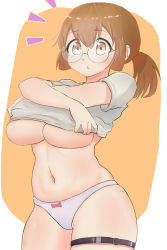 Rule 34 | 1girl, :o, ^^^, artist request, bow, bow panties, breasts, brown eyes, brown hair, clothes lift, curvy, fio germi, glasses, highres, large breasts, looking at viewer, metal slug, multicolored background, navel, no bra, panties, ponytail, shirt lift, sidelocks, simple background, snk, solo, surprised, thigh strap, underboob, underwear, undressing