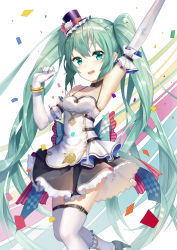 Rule 34 | 1girl, absurdres, arm up, armpits, bare shoulders, black skirt, bracelet, breasts, confetti, elbow gloves, gloves, green eyes, green hair, hair between eyes, hat, hatsune miku, high heels, highres, illian-san, jewelry, long hair, looking at viewer, mini hat, mini top hat, open mouth, skirt, small breasts, solo, thighhighs, top hat, twintails, very long hair, vocaloid, white gloves, white thighhighs