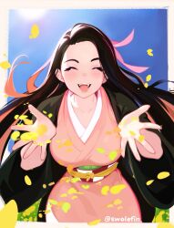 Rule 34 | 1girl, aged up, black hair, breasts, closed eyes, commentary, english commentary, fangs, hair ribbon, highres, japanese clothes, kamado nezuko, kimetsu no yaiba, kimono, large breasts, multicolored hair, open mouth, petals, pink hair, pink kimono, ribbon, smile, solo, streaked hair, swolefin, twitter username, two-tone hair, upper body