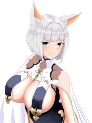 Rule 34 | 1girl, alternate costume, animal ear fluff, azur lane, blue eyes, breast curtains, breasts, china dress, chinese clothes, cosplay, dress, grey dress, highres, kaga (azur lane), large breasts, neckwear between breasts, revealing clothes, see-through, see-through sleeves, short hair, simple background, sirius (azur lane), sirius (azur lane) (cosplay), sirius (azure horizons) (azur lane), sleeveless, sleeveless dress, smile, solo, vik (xypt7474), white background, white hair
