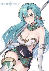 Rule 34 | 1girl, absurdres, angry, aqua hair, armor, bare shoulders, boots, braid, breasts, broken armor, chascoby, chloe (fire emblem), cleavage, covered navel, fire emblem, fire emblem engage, gloves, green eyes, highres, large breasts, nintendo, side braid, solo, teardrop earrings, thigh boots, thighhighs, torn clothes, underboob, white gloves