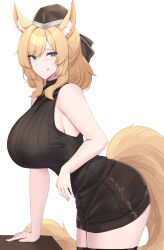 Rule 34 | 1girl, :q, absurdres, alternate costume, animal ear fluff, animal ears, arknights, arm support, bare shoulders, bent over, black skirt, blonde hair, blue eyes, breasts, commentary, from side, garrison cap, hat, highres, horse ears, horse girl, horse tail, kanta (kanta 077), large breasts, long hair, looking at viewer, meme, pencil skirt, simple background, skirt, sleeveless, sleeveless turtleneck, solo, sweater, tail, tongue, tongue out, turtleneck, turtleneck sweater, twitter strip game (meme), whislash (arknights), white background, wide hips