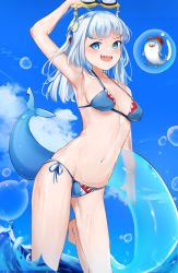Rule 34 | 1girl, 1other, animal print, armpits, arms up, barefoot, bikini, bloop (gawr gura), blue background, blue eyes, blue hair, blue innertube, blush, bubble, collarbone, fins, fish tail, gawr gura, goggles, hair intakes, hair ornament, highres, holding, holding goggles, holding removed eyewear, holding swim ring, hololive, hololive english, in bubble, innertube, looking at viewer, midriff, multicolored bikini, multicolored clothes, multicolored swimsuit, navel, open mouth, partially submerged, print bikini, print swimsuit, shark girl, shark hair ornament, shark print, shark tail, sharp teeth, side-tie bikini bottom, somray, string bikini, swim ring, swimsuit, tail, teeth, transparent innertube, unworn eyewear, unworn goggles, upper teeth only, virtual youtuber, wading, water, water drop, wet