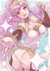 Rule 34 | 1girl, ass, bare shoulders, blush, braid, breasts, fire emblem, fire emblem awakening, from behind, hair ornament, hairband, highres, long hair, looking at viewer, mutsuki naina, nintendo, olivia (fire emblem), open mouth, panties, pink eyes, pink hair, ponytail, smile, solo, thighhighs, twin braids, underwear, very long hair