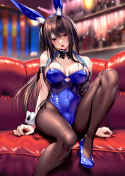 Rule 34 | 1girl, amakano 2, animal ear fluff, animal ears, arm support, bare shoulders, blue leotard, blush, breasts, brown hair, buttons, cleavage, commentary request, couch, covered navel, detached collar, fake animal ears, fingernails, hair ornament, high heels, knee up, kurohime yuuhi, leotard, long hair, looking at viewer, medium breasts, open mouth, pantyhose, piromizu, rabbit ears, red eyes, simple background, sitting, skin tight, solo, strapless, strapless leotard, wrist cuffs