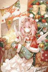 Rule 34 | 1girl, absurdres, animal ears, arknights, bauble, bow, box, cat ears, christmas, christmas ornaments, christmas tree, dress, floppy ears, floral print, flower, fur trim, gift, gift box, goldenglow (arknights), goldenglow (maiden for the bright night) (arknights), hair bow, hair ornament, hairband, highres, holding, holding stuffed toy, indoors, long sleeves, merry christmas, official alternate costume, pink hair, poinsettia, print hairband, procreate (medium), red bow, red dress, smile, solo, star (symbol), string of flags, stuffed animal, stuffed rabbit, stuffed toy, white bow, x hair ornament, yellow bow, yellow eyes, zaolin rinn