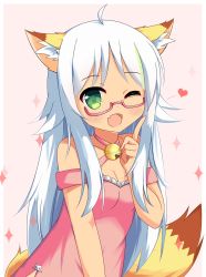 Rule 34 | 1girl, ;d, ahoge, animal ear fluff, animal ears, bell, blush, breasts, cleavage, collarbone, dress, fang, fox ears, fox girl, fox tail, glasses, green eyes, hand up, heart, highres, index finger raised, jingle bell, long hair, one eye closed, open mouth, original, pink-framed eyewear, pink dress, semi-rimless eyewear, silver hair, sleeveless, sleeveless dress, small breasts, smile, solo, sparkle, tail, under-rim eyewear, upper body, very long hair, xiaosamiao