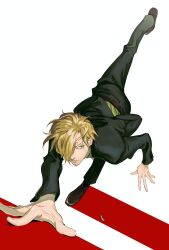 Rule 34 | 1boy, black jacket, black pants, blonde hair, brown footwear, cigarette, commentary request, curly eyebrows, facial hair, formal, goatee, highres, jacket, leg up, male focus, mustache, one piece, pants, sanji (one piece), shirt, short hair, simple background, solo, suit, yao yasan