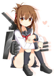 Rule 34 | 10s, 1girl, anchor symbol, black legwear, boushi (nandemo), brown eyes, brown hair, folded ponytail, hair ornament, hairclip, inazuma (kancolle), jewelry, kantai collection, knees to chest, knees to chest, knees together feet apart, hugging own legs, long sleeves, looking at viewer, machinery, nandemo118, neckerchief, pleated skirt, ring, sailor collar, school uniform, serafuku, sitting, skirt, smile, solo