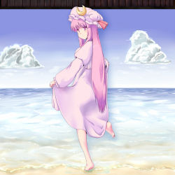 Rule 34 | 1girl, barefoot, beach, blue sky, capelet, clothes lift, cloud, coo (coonekocoo), crescent, day, dress, dress lift, female focus, full body, hat, highres, long hair, long sleeves, looking back, ocean, outdoors, patchouli knowledge, purple dress, purple eyes, purple hair, skirt hold, sky, smile, solo, standing, standing on one leg, touhou, very long hair, wading