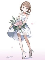 Rule 34 | 1girl, bare arms, bare shoulders, blunt bangs, bouquet, breasts, brown eyes, brown hair, cleavage, closed mouth, clothes lift, dress, dress lift, flower, full body, gradient background, high heels, holding, holding bouquet, leaf, lifted by self, braided hair rings, mizutani megumi, original, petals, pink flower, pink rose, rose, sandals, see-through, see-through dress, short hair, small breasts, smile, solo, split mouth, twitter username, white dress, white flower, white footwear, white rose