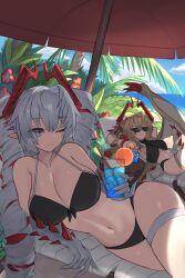 Rule 34 | 2girls, absurdres, argente purest silver (shadowverse), armpits, arms behind head, bare shoulders, beach, beach umbrella, bikini, black bikini, blonde hair, blue sky, breasts, cleavage, cloud, collarbone, cup, day, dragon girl, dragon horns, dragon tail, dragon wings, drill hair, drinking straw, facial mark, facial tattoo, fingernails, flower, food, front-tie bikini top, front-tie top, fruit, green eyes, grey hair, hair between eyes, highres, holding, holding cup, horizon, horns, large breasts, leaf, long hair, looking to the side, lumiore prestigious gold (shadowverse), lying, monster girl, multicolored hair, multiple girls, multiple horns, navel, ocean, on back, on side, one eye closed, orange (fruit), outdoors, ozaki55, palm tree, pointy ears, red flower, red hair, scales, shadowverse, sharp fingernails, shore, siblings, single wing, sisters, sky, smile, spikes, summer, sunglasses, swimsuit, table, tail, tattoo, thigh strap, tree, twintails, umbrella, vegetation, water, wings, wooden table