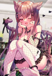 Rule 34 | 07touka25, 1girl, absurdres, ahoge, animal ears, black ribbon, blush, bow, bridal garter, brown hair, cat ears, cat tail, dress, fang, feet, fishnet sleeves, fishnets, hair ornament, hairclip, head rest, heart, highres, laughing, long hair, looking at viewer, one eye closed, original, red eyes, ribbon, single sleeve, sitting, solo, strap slip, tail, tail bow, tail ornament, thighhighs, toes, very long hair, white thighhighs, wristband, x hair ornament