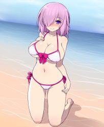 Rule 34 | 1girl, adapted costume, arm at side, asamura hiori, beach, bikini, blush, breasts, cleavage, closed mouth, day, fate/grand order, fate (series), front-tie bikini top, front-tie top, full body, hair over one eye, hand on own chest, highres, horizon, kneeling, large breasts, mash kyrielight, mash kyrielight (swimsuit of perpetual summer), medium hair, navel, official alternate costume, outdoors, partially submerged, pink hair, purple eyes, shallow water, side-tie bikini bottom, smile, solo, swimsuit, water, white bikini