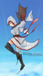 Rule 34 | 10s, 1girl, amputee, armless amputee, assassin&#039;s creed, assassin&#039;s creed (series), belt, blade, blue background, blue sky, boots, character name, cloud, copyright name, crossover, day, double amputee, falling, full body, green eyes, groundzeroace, hood, katawa shoujo, knife, pouch, scarf, simple background, sky, tezuka rin, watermark, web address