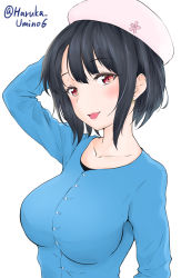 Rule 34 | 1girl, alternate costume, arm behind head, beret, black hair, blouse, blue shirt, breasts, hat, highres, kantai collection, large breasts, open mouth, red eyes, shirt, short hair, simple background, smile, solo, takao (kancolle), twitter username, umino haruka (harukaumino6), upper body, white background, white hat