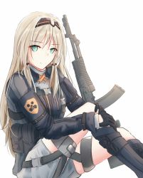 Rule 34 | 1girl, an-94 (girls&#039; frontline), bag, black footwear, black gloves, blonde hair, boots, girls&#039; frontline, gloves, green eyes, gun, hairband, highres, jacket, leonardo 566, long hair, looking at viewer, military, military jacket, military operator, military uniform, rifle, shorts, sitting, sitting on lap, sitting on person, solo, uniform, weapon, white background