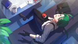 Rule 34 | 1girl, bag, black gloves, black pants, book, collared shirt, commentary request, couch, creatures (company), crossed legs, cup, from above, game freak, glass table, gloves, green hair, grey shirt, highres, holding, holding poke ball, ichi monbe, indoors, long hair, looking up, mug, nintendo, open mouth, pants, paper, poke ball, poke ball (basic), pokemon, pokemon sv, rika (pokemon), shirt, shoes, sitting, smile, solo, suspenders, table, unworn bag