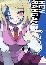 Rule 34 | 1girl, absurdres, ahoge, akamatsu kaede, black background, blonde hair, blood, blood on face, blue background, blue blood, breasts, brown necktie, colored blood, copyright notice, danganronpa (series), danganronpa v3: killing harmony, fang, fortissimo, hair ornament, highres, large breasts, long hair, long sleeves, looking at viewer, musical note, musical note hair ornament, necktie, nekoma hikaru, one eye closed, pink eyes, pink vest, shirt, smile, solo, teeth, vest