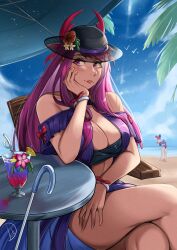 Rule 34 | 2girls, absurdres, alear (female) (fire emblem), alear (fire emblem), bare shoulders, beach, black headwear, blue hair, blue sky, breasts, cleavage, cloud, commentary, cup, day, deliciousbrain, drinking glass, drinking straw, female focus, fire emblem, fire emblem engage, fire emblem heroes, flower, hand up, hat, hat flower, highres, ivy (fire emblem), large breasts, long hair, looking at viewer, matching hair/eyes, multicolored hair, multiple girls, nintendo, parted lips, purple eyes, purple hair, red flower, red hair, sitting, sky, solo focus, thighs, tropical drink, two-tone hair, very long hair