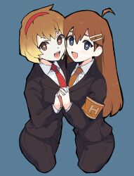 Rule 34 | 2girls, ahoge, armband, black jacket, black pants, blue background, blue eyes, breast press, breasts, bright pupils, brown armband, brown hair, brown necktie, collared shirt, commentary request, hair ornament, hairband, hairclip, hod (project moon), jacket, light brown hair, lobotomy corporation, long hair, long sleeves, malkuth (project moon), medu (rubish), multiple girls, necktie, open mouth, pants, project moon, red hairband, red necktie, shirt, short hair, simple background, small breasts, smile, symmetrical docking, teeth, upper teeth only, white pupils, white shirt