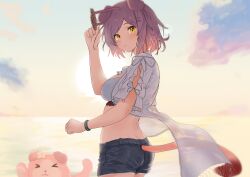 Rule 34 | 1girl, absurdres, animal ears, arknights, ass, black shorts, breasts, cat ears, cat tail, commentary request, cowboy shot, crop top, goldenglow (summer flowers) (arknights), hand up, highres, medium breasts, midriff, official alternate costume, open clothes, open shirt, outdoors, pink hair, shirt, short hair, short shorts, shorts, sora mame (princess 0sora), standing, sun, tail, white shirt, yellow eyes
