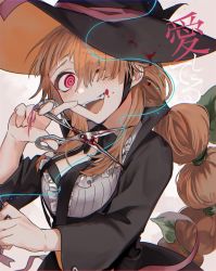 Rule 34 | 1girl, black hat, blood, blood on face, blush, braid, commentary request, crazy eyes, green ribbon, hair between eyes, hair over one eye, hair ribbon, hat, highres, holding, holding scissors, leaf, long hair, long sleeves, looking at viewer, one eye closed, open mouth, original, pink ribbon, red eyes, ribbon, scissors, sidelocks, single braid, solo, upper body, very long hair, witch hat, zaso