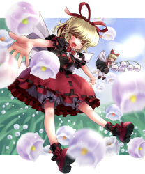 Rule 34 | 2girls, blonde hair, bloomers, cloud, female focus, flower, full body, katahira masashi, lily of the valley, medicine melancholy, multiple girls, outdoors, plant, sky, solo, su-san, touhou, underwear