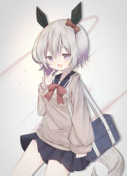 Rule 34 | 1girl, :d, animal ears, bad id, bad pixiv id, bag, black sailor collar, black skirt, blush, bow, breasts, brown sweater, commentary request, curren chan (umamusume), ear bow, finger to mouth, grey hair, hair between eyes, hand up, highres, horse ears, horse girl, horse tail, long sleeves, looking at viewer, open mouth, pleated skirt, red bow, risu (ritharte), sailor collar, school bag, school uniform, serafuku, shirt, skirt, sleeves past wrists, small breasts, smile, solo, sweater, tail, umamusume, white shirt