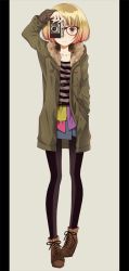 Rule 34 | 1girl, black pantyhose, blonde hair, camera, coat, covering one eye, expressionless, fashion, fur collar, glasses, gradient hair, grey eyes, hand in pocket, long image, looking at viewer, multicolored hair, original, pantyhose, pillarboxed, red hair, shirt, short hair, simple background, solo, standing, striped clothes, striped shirt, taking picture, tall image, wogura