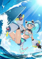 Rule 34 | blue eyes, breasts, goggles, goggles on head, ico (megaman x dive), large breasts, mega man (series), mega man x (series), mega man x dive, ocean, popo (popo0cat), robot girl, surfboard, surfing, swimsuit, tagme, water, white hair