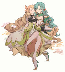 Rule 34 | 2girls, barefoot, blonde hair, blue hair, breasts, butterfly hair ornament, celine (fire emblem), chloe (fire emblem), closed eyes, dress, fire emblem, fire emblem engage, full body, gloves, green dress, green eyes, hair ornament, holding another&#039;s hair, large breasts, long hair, looking at another, multiple girls, nintendo, small breasts, tencryingemojis, very long hair, white background, white gloves, yuri