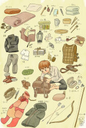 Rule 34 | 1boy, ankle boots, armor, arrow (projectile), arrow (symbol), backpack, bag, bandages, belt, belt pouch, black pants, black shirt, blanket, blush, boots, bow (weapon), bowl, box, brown footwear, brown gloves, brown hair, candle, chilchuck tims, chopsticks, clothes pin, collared shirt, commentary request, compass, cup, dungeon meshi, fingerless gloves, first aid kit, fork, gem, gloves, green scarf, grey hoodie, hako28garden, halfling, hand mirror, highres, hood, hoodie, knife, lantern, leather armor, letter, male focus, male underwear, mattress, mirror, mug, neck warmer, note, pants, paper stack, patchwork clothes, pelt, pen, pouch, rope, scarf, scissors, shirt, short hair, short sleeves, shorts, signature, simple background, sitting, smoking pipe, solo, spoon, tobacco, tools, toothbrush, turtleneck, underwear, waterskin, weapon, white male underwear, white shirt, yarn, yellow background