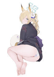 Rule 34 | 1girl, absurdres, animal ear fluff, animal ears, ass, asymmetrical bangs, bare legs, barefoot, black kimono, blonde hair, blue archive, feet, floral print, fox ears, full body, hair over one eye, halo, hand fan, highres, japanese clothes, kanna (blue archive), kimono, looking at viewer, looking back, nagata gata, one eye covered, panties, paper fan, ponytail, simple background, soles, solo, toes, underwear, wavy hair, white background, white panties