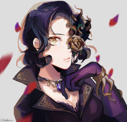 Rule 34 | 1girl, :/, arm up, black hair, black jacket, bracelet, cloudkourin, collared jacket, curly hair, eyepatch, flower, gem, gloves, gold trim, grey background, highres, identity v, jacket, jewelry, lace, looking at viewer, makeup, margaretha zelle, mascara, necklace, petals, plant, purple gloves, short hair, simple background, solo, thorns, upper body, vines, yellow eyes