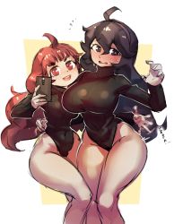 Rule 34 | 2girls, ahoge, alternate breast size, artist request, ass smack, breasts, character request, creatures (company), game freak, hair between eyes, hex maniac (pokemon), highres, large breasts, leotard, multiple girls, narrow waist, nintendo, phone, pokemon, pokemon xy, ribbed leotard, source request, spanked, spanking, sweater, thighs, wide hips