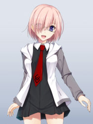 Rule 34 | 1girl, :d, blush, breasts, chaldea logo, fate/grand order, fate (series), glasses, hair over one eye, long sleeves, mash kyrielight, medium breasts, necktie, open mouth, pink hair, purple eyes, shirt, short hair, smile, solo, takepon, thighs, undershirt