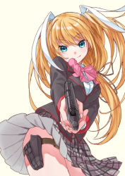 Rule 34 | 1girl, aiming, blazer, blonde hair, blue eyes, bow, commentary request, commission, grey skirt, gun, hair ribbon, jacket, little busters!, long hair, looking at viewer, mitsuyo (mituyo324), pink bow, plaid, plaid skirt, pleated skirt, ribbon, simple background, skirt, solo, tokido saya, twintails, weapon, weapon request, white background, white ribbon
