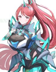 Rule 34 | 1girl, absurdres, alternate eye color, alternate hair color, breasts, chest jewel, earrings, gem, gloves, greek text, headpiece, highres, jewelry, juneplums, large breasts, long hair, pneuma (xenoblade), ponytail, red eyes, red hair, simple background, solo, swept bangs, tiara, very long hair, xenoblade chronicles (series), xenoblade chronicles 2