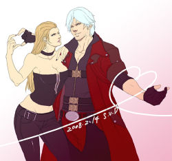 Rule 34 | 00s, 1boy, 1girl, belt, black gloves, blonde hair, breasts, buckle, capcom, cleavage, coat, collarbone, corset, couple, dante (devil may cry), devil may cry (series), devil may cry 1, devil may cry 4, fingerless gloves, gloves, heart, heart of string, long hair, long sleeves, looking at viewer, lowres, open clothes, pants, silver hair, standing, string, trish (devil may cry)