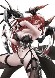 Rule 34 | 1girl, absurdres, armor, breasts, brown thighhighs, dagger, dragon girl, dragon horns, dragon tail, dragon wings, eyeshadow, fang, garter straps, grey eyeshadow, hair between eyes, highres, holding, holding dagger, holding knife, holding weapon, horns, knife, large breasts, long hair, makeup, navel, original, parted lips, pointy ears, red hair, reverse grip, scales, simple background, slit pupils, solo, sunny chou, tail, teeth, thighhighs, tongue, upper teeth only, very long hair, weapon, white background, wings, yellow eyes