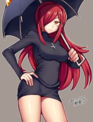 Rule 34 | 1girl, blush, breasts, cross, cross necklace, dress, hair over one eye, hand on own hip, iroyopon, jewelry, large breasts, long hair, long sleeves, looking at viewer, miniskirt, necklace, parasoul (skullgirls), red hair, skirt, skullgirls, solo, turtleneck, turtleneck dress, umbrella, yellow eyes