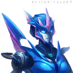 Rule 34 | 1girl, arcee, arcee (prime), artist name, autobot, blue eyes, close-up, commentary, english commentary, fausto, glowing, glowing eyes, looking at viewer, mecha, raikoh-illust, robot, solo, transformers, transformers prime, transformers universe