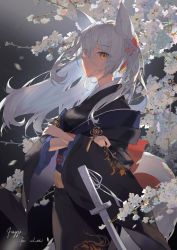 Rule 34 | 1girl, absurdres, animal ears, black kimono, branch, closed mouth, commentary, crossed arms, english commentary, eyes visible through hair, flower, grey hair, hair flower, hair ornament, hair over one eye, highres, japanese clothes, katana, kiduki, kimono, long hair, long sleeves, looking at viewer, obi, orange eyes, original, red flower, sash, solo, sword, tail, very long hair, weapon, white flower, wide sleeves