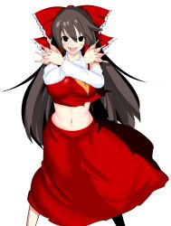 Rule 34 | 1girl, ascot, between fingers, black eyes, blush, bow, breasts, brown hair, collared shirt, commentary request, cookie (touhou), detached sleeves, enema, feet out of frame, frilled bow, frills, hair between eyes, hair bow, hair tubes, hakurei reimu, highres, holding, impossible clothes, impossible shirt, large breasts, long hair, looking at viewer, midriff, mutsurai rempo, navel, noel (cookie), open mouth, red bow, red skirt, shirt, sidelocks, simple background, skirt, skirt set, sleeveless, sleeveless shirt, smile, solo, touhou, transparent background, white sleeves, yellow ascot
